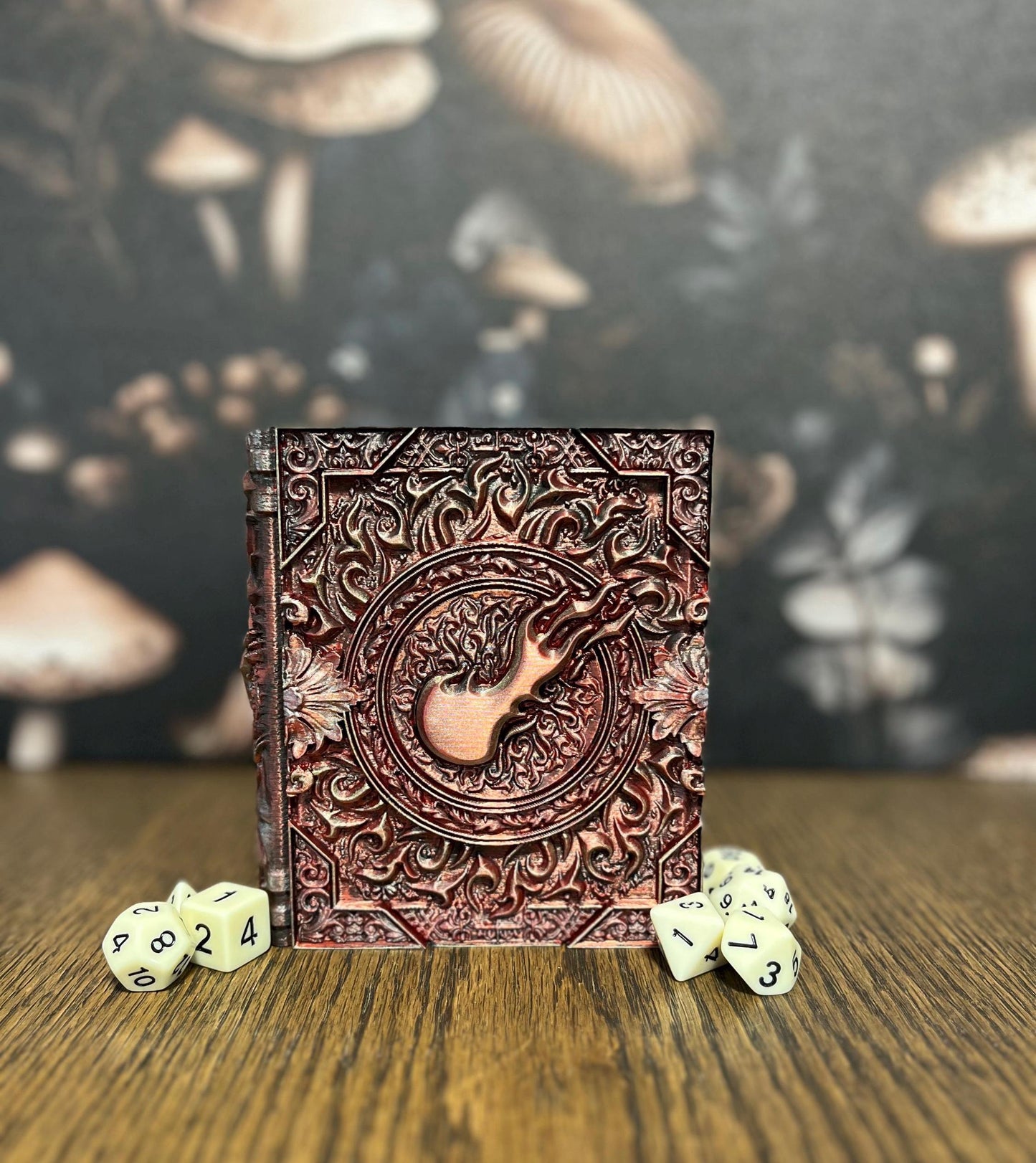 Hand Painted Fire Magic Dice Tome, Dice Tray, Miniature Storage, Roleplaying Games, DnD, Keepsake Storage Box, Jewellery Box, Custom Gift