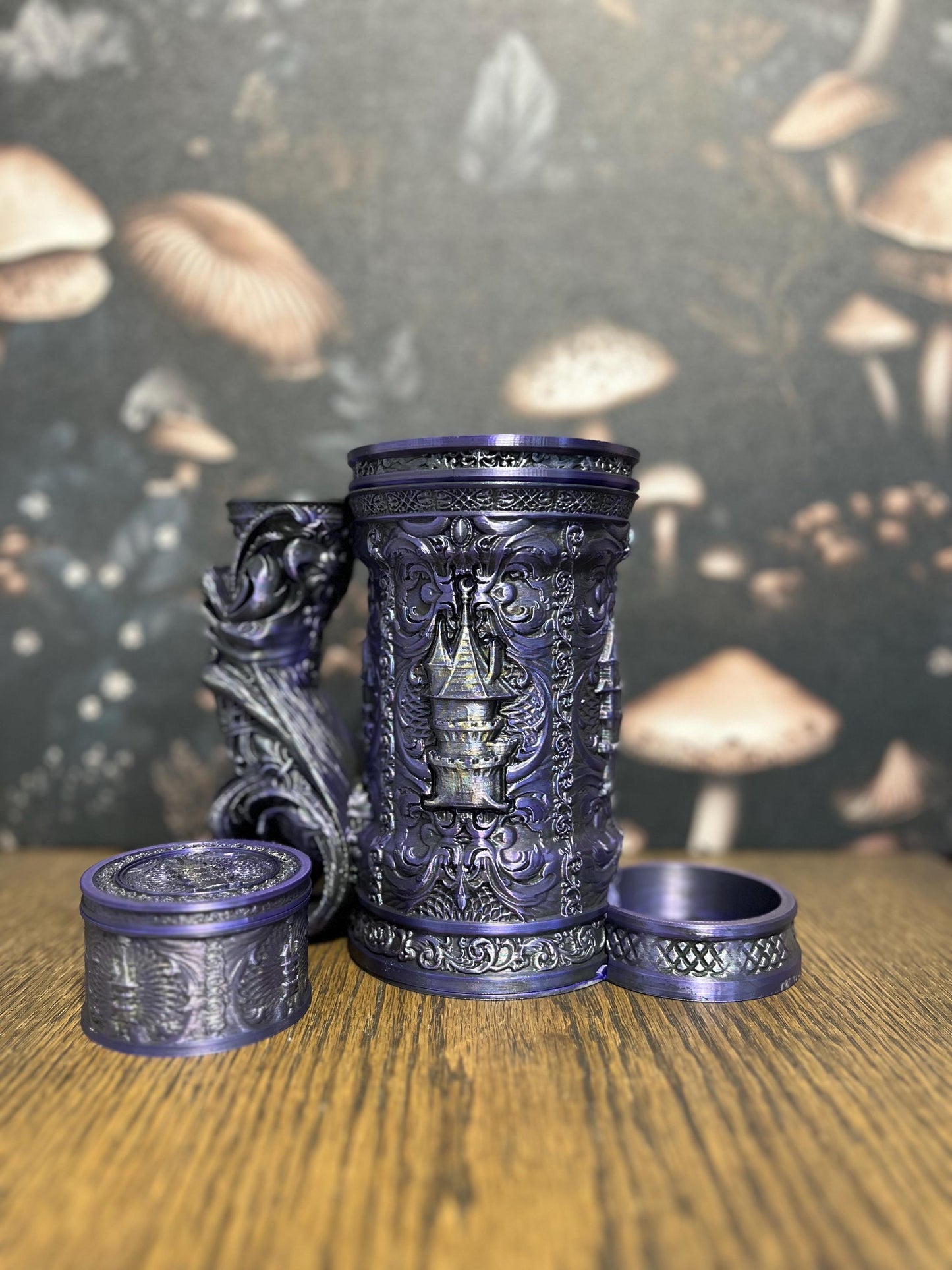 Hand Painted Wizard Tower Tankard & Dice Vault, Dice Storage, Can Holder, RPG Game night