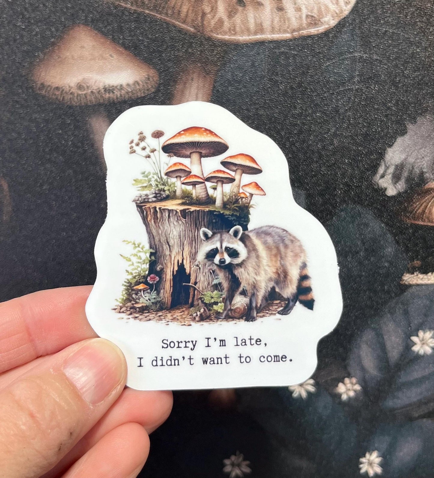 Sorry I'm late, I didn't want to come, Raccoon Sticker, Fridge Magnet, e-reader Kindle Sticker, Water Bottle Sticker, Laptop Sticker