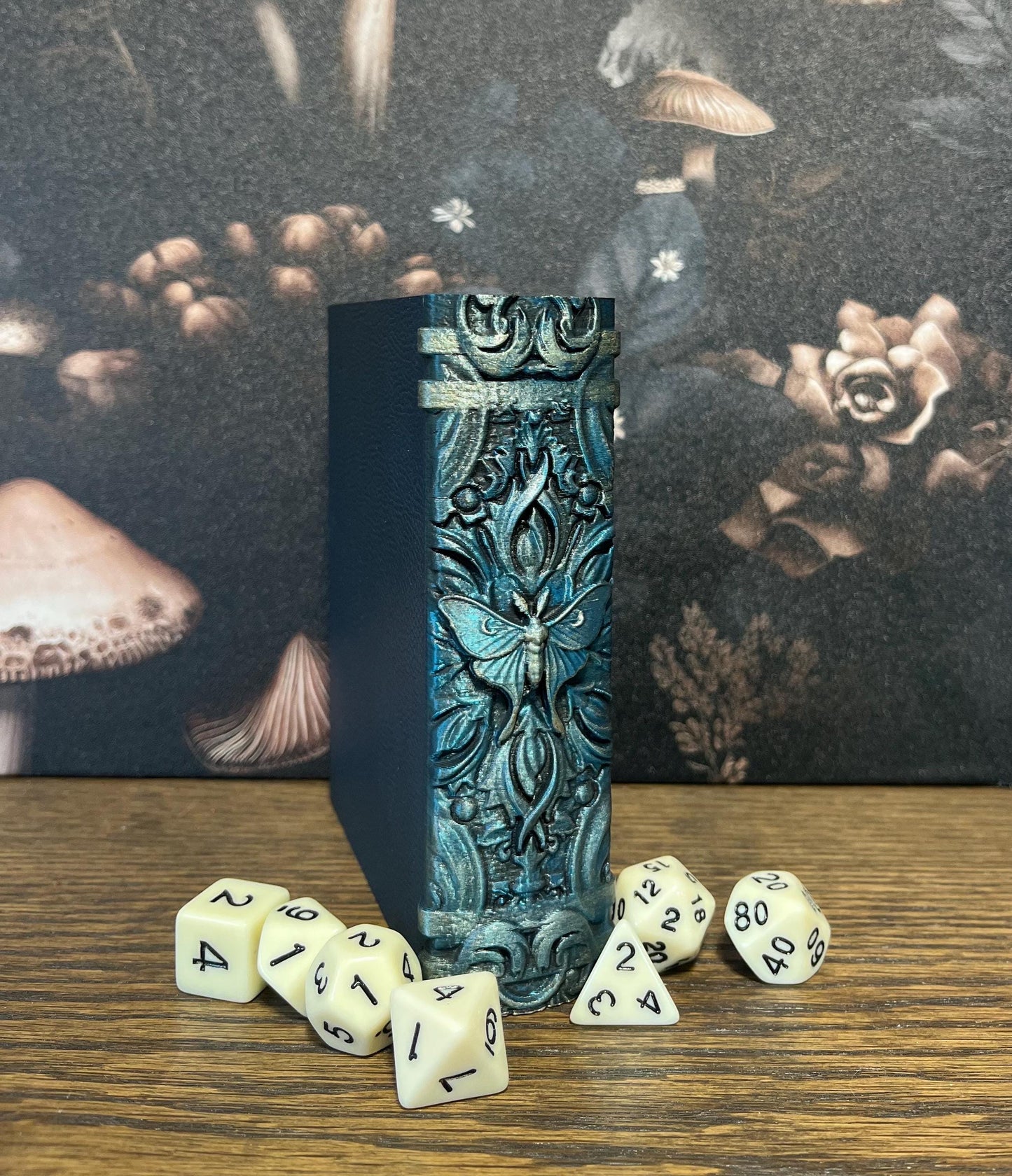 Hand Painted Luna Moth Dice Tome, Dice Rolling Tray, Minifigure Storage for Roleplaying Games, DnD and Magic Card Storage, Custom gift