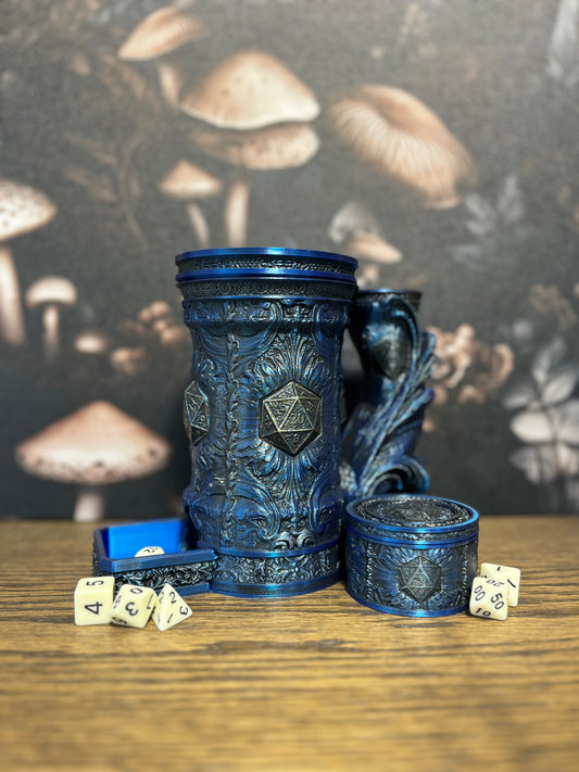 Hand Painted D20/Crit Tower Tankard & Dice Vault, Dice Storage, Can Holder, RPG Game night