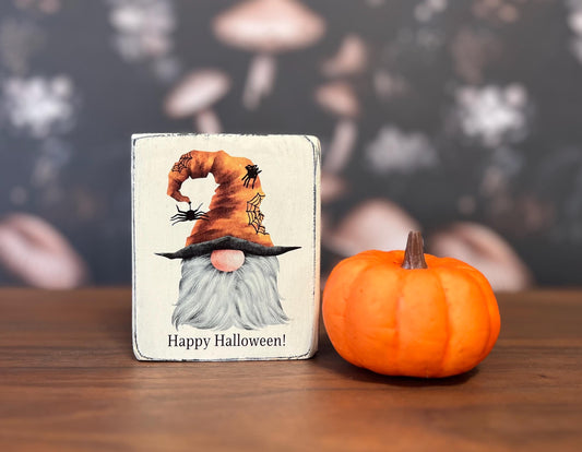 Happy Halloween, Decorative Block, Halloween Sign, Halloween Decor, Halloween Gnome