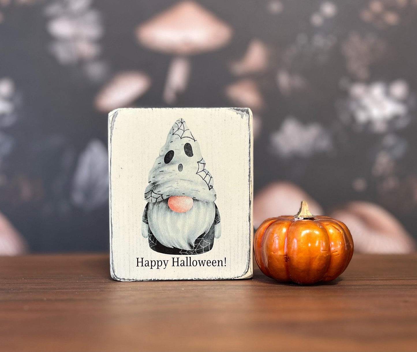 Happy Halloween, Decorative Block, Halloween Sign, Halloween Decor, Halloween Gnome