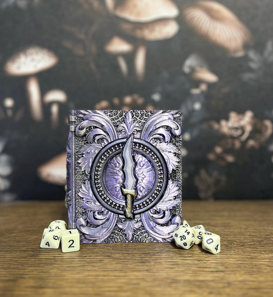 Hand Painted Rogue Dice Tome, Dice Tray, Miniature Storage, Roleplaying Games, DnD, Keepsake Storage Box, Jewellery Box, Custom Gift