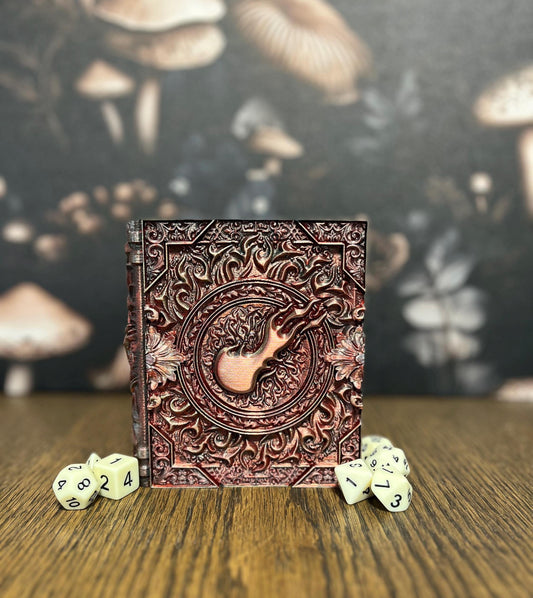 Hand Painted Fire Magic Dice Tome, Dice Tray, Miniature Storage, Roleplaying Games, DnD, Keepsake Storage Box, Jewellery Box, Custom Gift