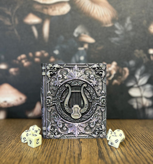 Hand Painted Bard Dice Tome, Dice Tray, Miniature Storage, Roleplaying Games, DnD, Keepsake Storage Box, Jewellery Box, Custom Gift