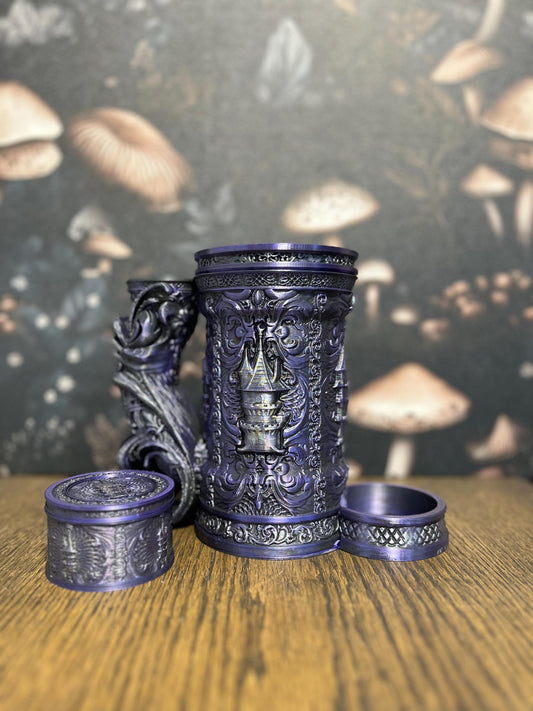 Hand Painted Wizard Tower Tankard & Dice Vault, Dice Storage, Can Holder, RPG Game night