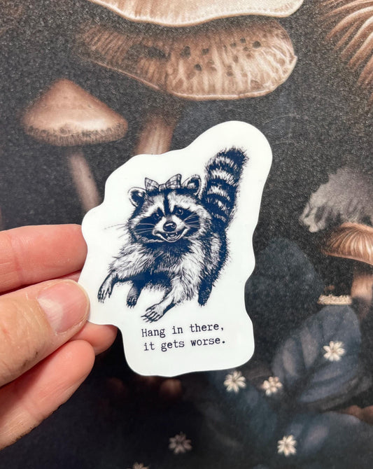 Hang in there it get's worse, Raccoon Sticker, Fridge Magnet, e-reader, Kindle Sticker, Water Bottle Sticker, Laptop Sticker