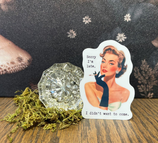 Sorry I'm late, I didn't want to come, Vintage Woman Sticker, Fridge Magnet, e-reader Kindle Sticker, Water Bottle Sticker, Laptop Sticker