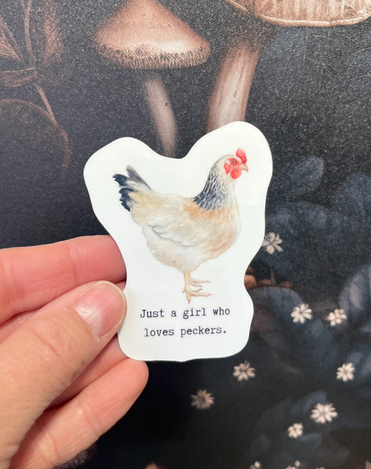 Just a girl who loves peckers, Chicken Sticker, Funny Magnet, Kindle Sticker, Water Bottle Sticker, Laptop Sticker, Funny Sticker