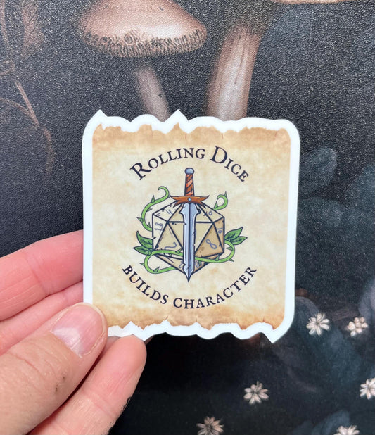 Rolling Dice Builds Character Sticker, Magnet, e-reader Kindle Sticker, Water Bottle Sticker, Dungeons & Dragons, DnD gift, Dnd humour